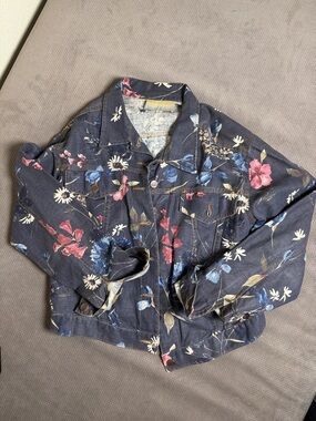 Vintage Terry Ward Floral Print Denim Jacket - Navy with Pink & Blue Flowers